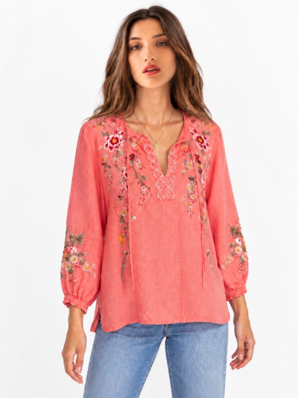 Johnny Was XXS Coral Embroidered 100% Linen Tunic Blouse